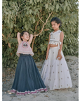 Hand Embroidered Mughal Motif Pink Crop Top and Charcoal Black Lehenga Set