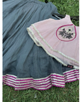 Hand Embroidered Mughal Motif Pink Crop Top and Charcoal Black Lehenga Set