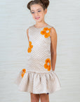 Beige Quilted Silk Dress with Orange Floral Appliqué – Perfect Girls wear for Celebrations - Swati Golyan
