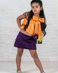 Orange and Purple Quilted Skirt Set with Floral Appliqués and Bow for Girls - Swati Golyan