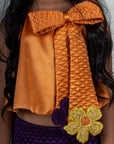Orange and Purple Quilted Skirt Set with Floral Appliqués and Bow for Girls - Swati Golyan