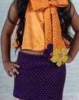 Orange and Purple Quilted Skirt Set with Floral Appliqués and Bow for Girls - Swati Golyan