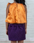 Orange and Purple Quilted Skirt Set with Floral Appliqués and Bow for Girls - Swati Golyan
