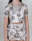 Girl's Beige Floral Embroidered Crop Top and Skirt Set - Swati Golyan