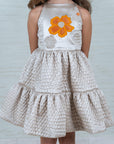 Girl's Beige Tiered Silk Dress with Floral Appliqué - Swati Golyan
