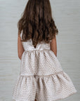 Girl's Beige Tiered Silk Dress with Floral Appliqué - Swati Golyan