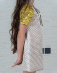 Girl's Beige Quilted A-Line Dress with Hand Embroidered Raglan Sleeves - Swati Golyan