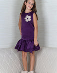 Girl's Purple Quilted Silk Dress with Floral Embroidery - Swati Golyan
