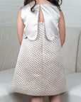 Girl's Beige Quilted Dress with Scalloped Detail and Floral Appliqué - Swati Golyan