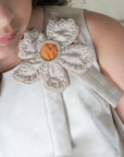 Girl's Beige Quilted Dress with Scalloped Detail and Floral Appliqué - Swati Golyan