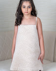 Girl's Beige Quilted Dress with Scalloped Detail and Floral Appliqué - Swati Golyan
