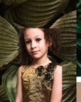 3 Flowers top & Box Pleated Gold Skirt Set for Girls - Swati Golyan