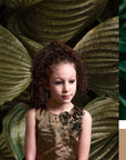 3 Flowers top & Box Pleated Gold Skirt Set for Girls - Swati Golyan