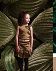 3 Flowers top & Box Pleated Gold Skirt Set for Girls - Swati Golyan