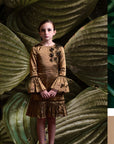 Gathered Sleeves and Hem Gold Dress