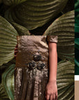 3 Flowers Drop Down Waist Gold Dress for Girls