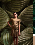3 Flowers Drop Down Waist Gold Dress for Girls
