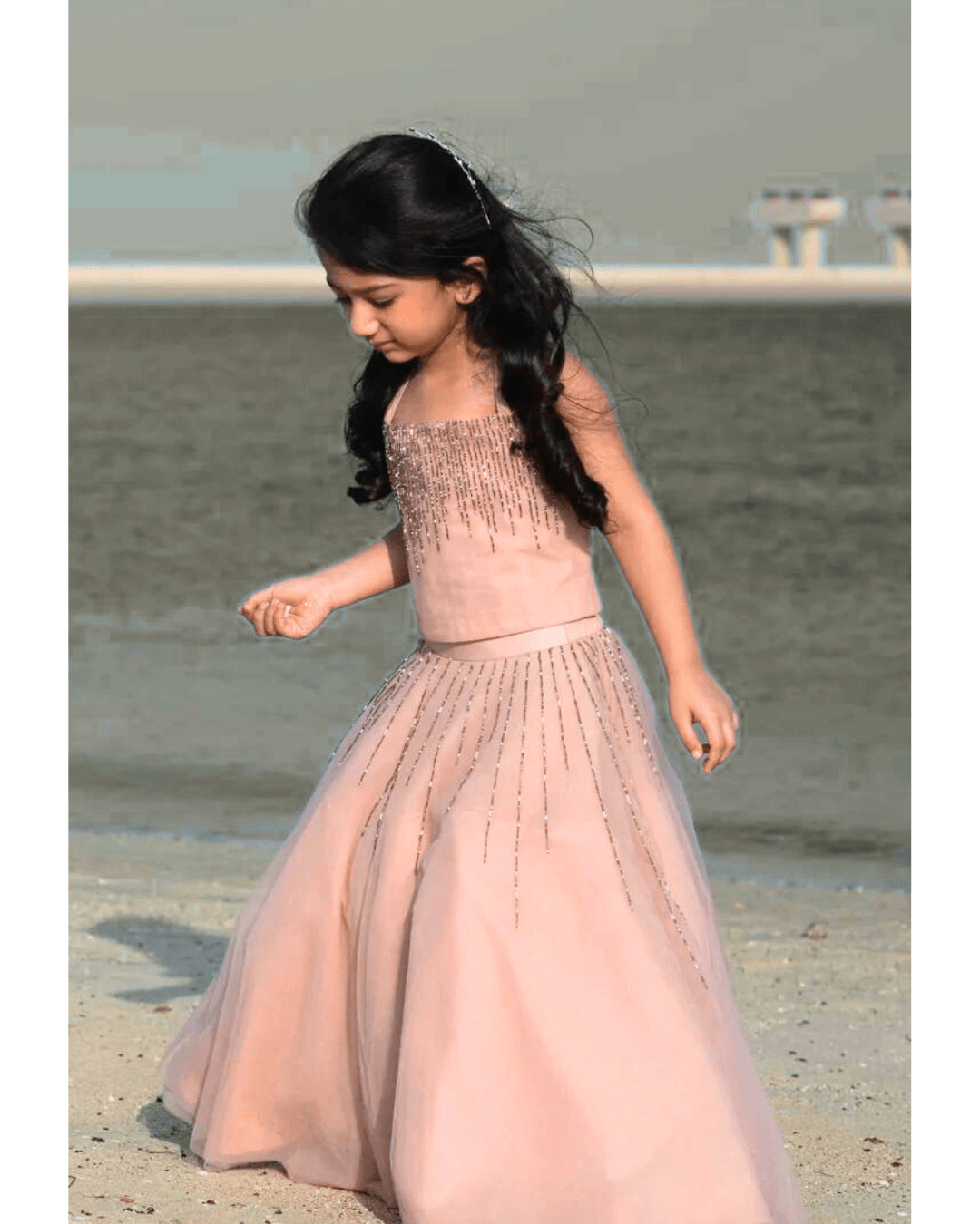 Girls Hand Embroidered Halter-neck Crop Top Lehenga Set - Swati Golyan