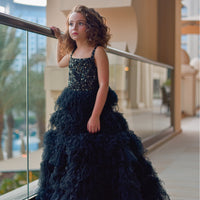 Hand Embroidered Feathery Tiered Full-length Dress