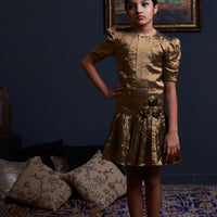 3 Flowers Drop Down Waist Gold Dress - Swati Golyan