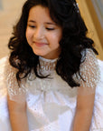 Schiffli Patched Dress With Smocked Bodice And Hand Embroidered Cape - Swati Golyan