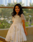 Schiffli Patched Dress With Smocked Bodice And Hand Embroidered Cape - Swati Golyan