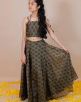 Girl 's Handblock Printed Chanderi Lehenga With Halter Neck Crop Top - Swati Golyan