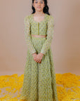 Girl's Handblock Printed Kota Doria Lehenga Crop Top Set - Swati Golyan