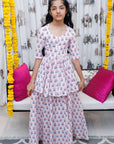 Girl's Handblock Printed Pant Set With Peplum Top - Swati Golyan