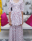 Girl's Handblock Printed Pant Set With Peplum Top - Swati Golyan
