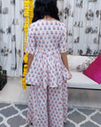 Girl's Handblock Printed Pant Set With Peplum Top - Swati Golyan