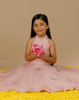Hand Embroidered Sequined Polkas Pastel Pink Silk Organza lehenga and crop top set for Girls - Swati Golyan