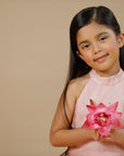 Hand Embroidered Sequined Polkas Pastel Pink Silk Organza lehenga and crop top set for Girls - Swati Golyan