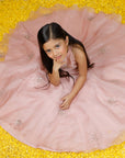 Hand Embroidered Sequined Polkas Pastel Pink Silk Organza lehenga and crop top set for Girls - Swati Golyan