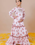 Handblock Printed Tiered Lehenga Crop Top Set With Hand Embroidered Yoke for Girls - Swati Golyan