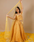 Girl's Hand Crushed Silk Lehenga Set With Hand Embroidered Dupatta And Frilled Strappy Top - Swati Golyan