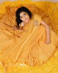 Girl's Hand Crushed Silk Lehenga Set With Hand Embroidered Dupatta And Frilled Strappy Top - Swati Golyan