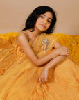 Girl's Hand Crushed Silk Lehenga Set With Hand Embroidered Dupatta And Frilled Strappy Top - Swati Golyan