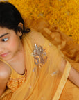 Girl's Hand Crushed Silk Lehenga Set With Hand Embroidered Dupatta And Frilled Strappy Top - Swati Golyan