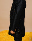 Boys Hand Embroidered Raw Silk Black Jodhpuri - Swati Golyan