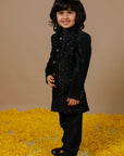 Boys Hand Embroidered Raw Silk Black Jodhpuri - Swati Golyan