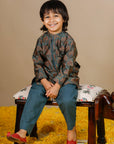 Boy's Chanderi Hand Block Printed Kurta Set in Olive Green - Swati Golyan