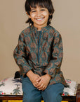 Boy's Chanderi Hand Block Printed Kurta Set in Olive Green - Swati Golyan