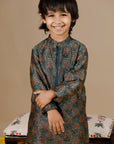Boy's Chanderi Hand Block Printed Kurta Set in Olive Green - Swati Golyan