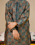 Boy's Chanderi Hand Block Printed Kurta Set in Olive Green - Swati Golyan