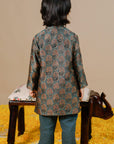 Boy's Chanderi Hand Block Printed Kurta Set in Olive Green - Swati Golyan