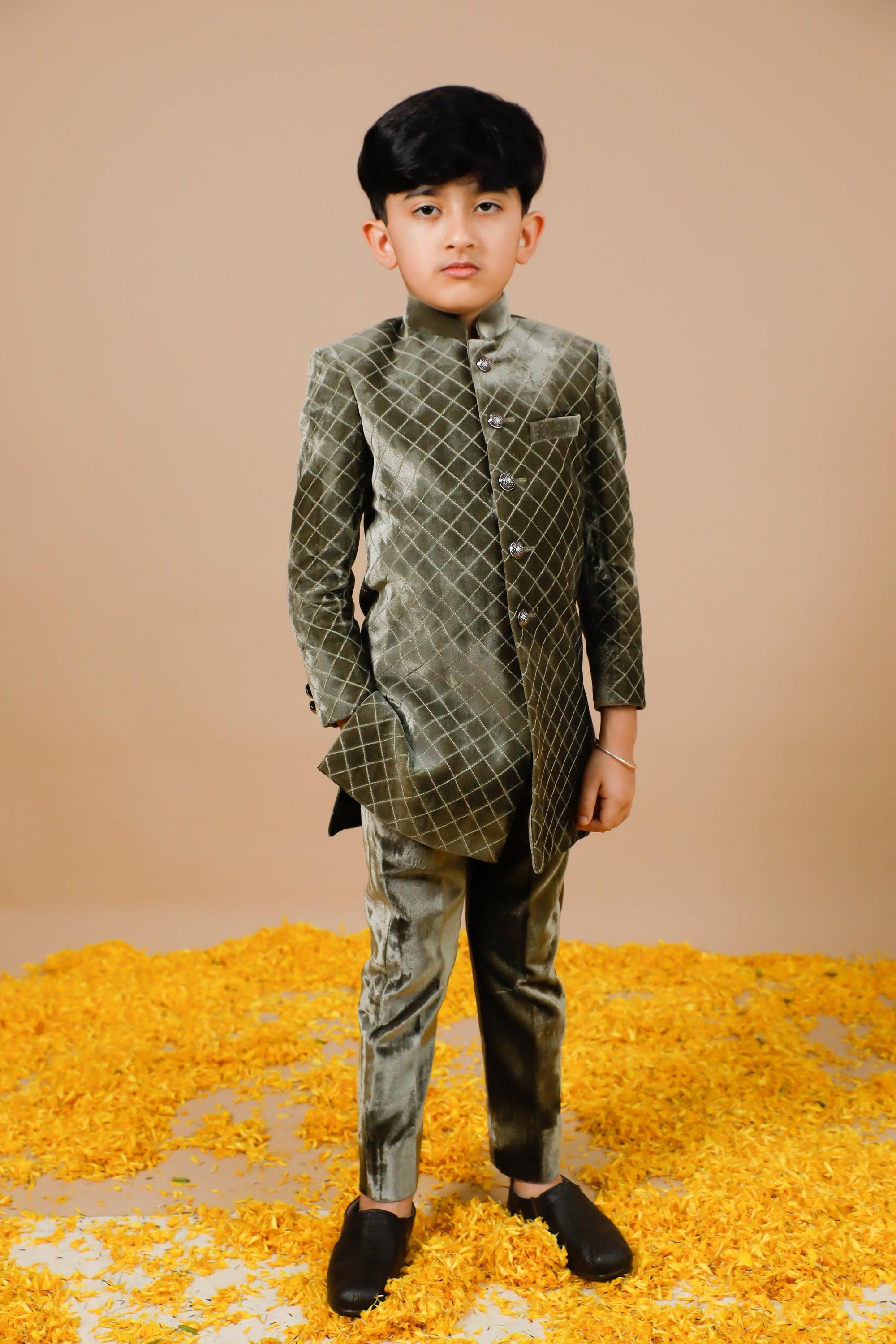 Green Silk Velvet Quilted Jodhpuri for Boys - Swati Golyan
