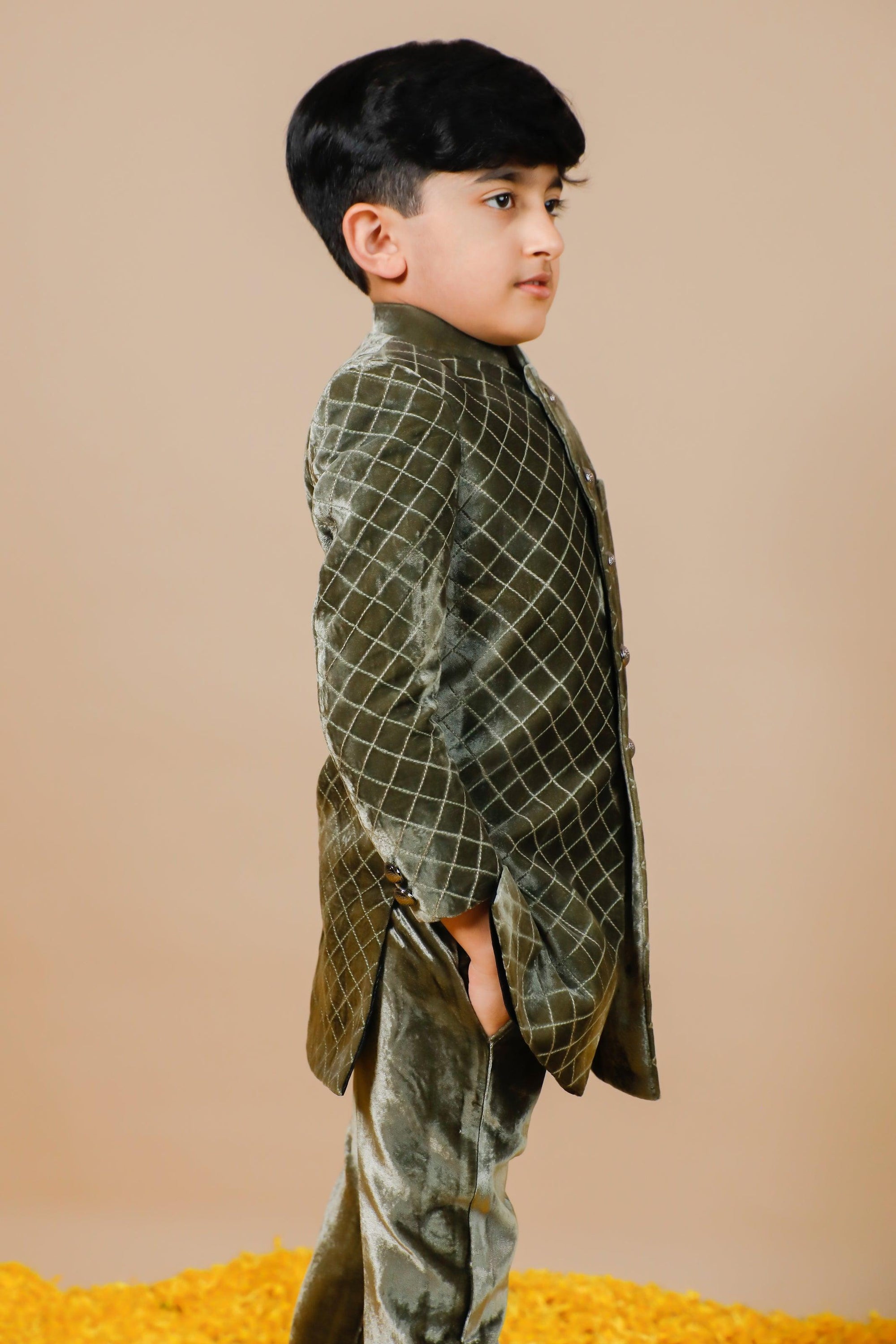 Green Silk Velvet Quilted Jodhpuri for Boys - Swati Golyan