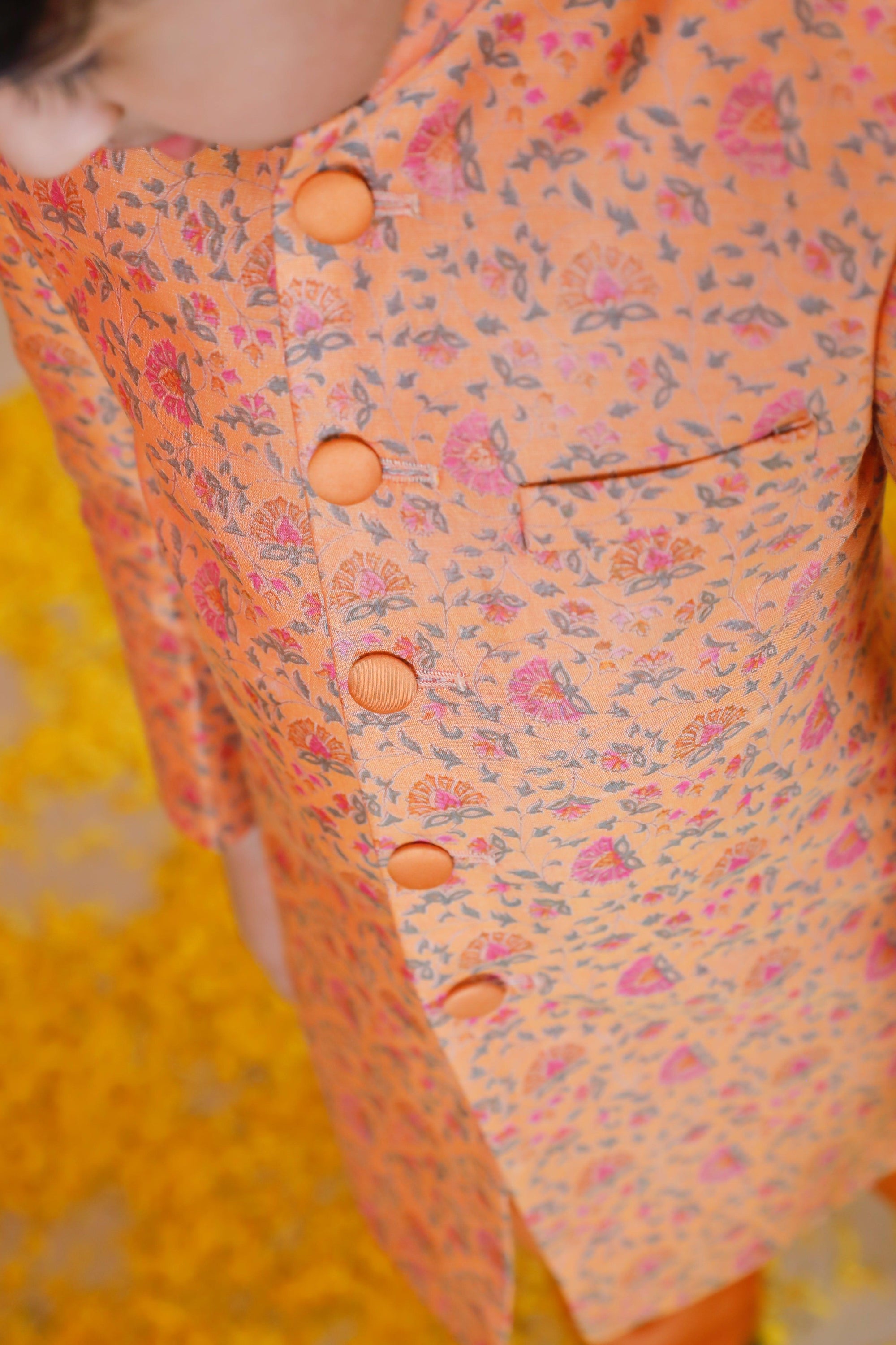 Yellow Printed Silk Chanderi Quilted Jodhpuri Set for Girls - Swati Golyan