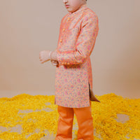 Yellow Printed Silk Chanderi Quilted Jodhpuri Set